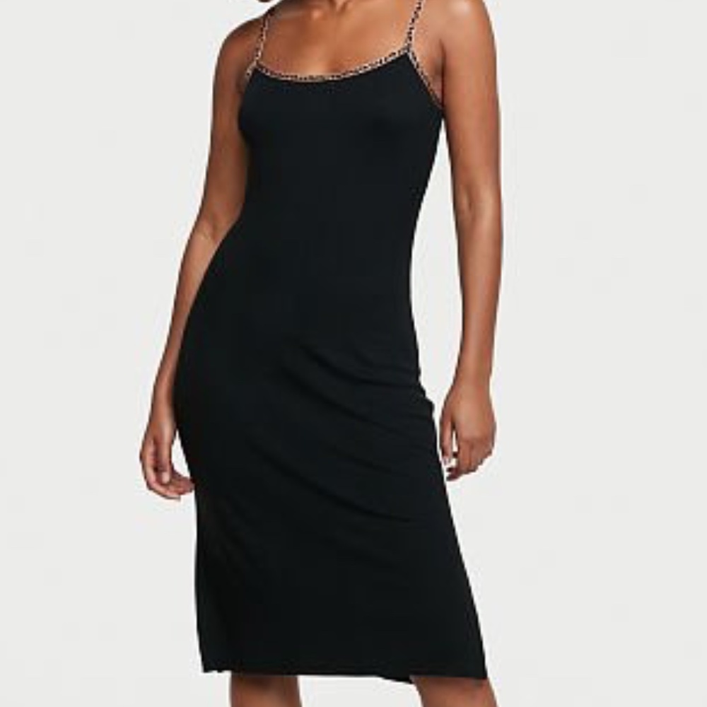 VS Modal Rib Nightgown Black w/Leopard Print Trim So Comfy and Cute!